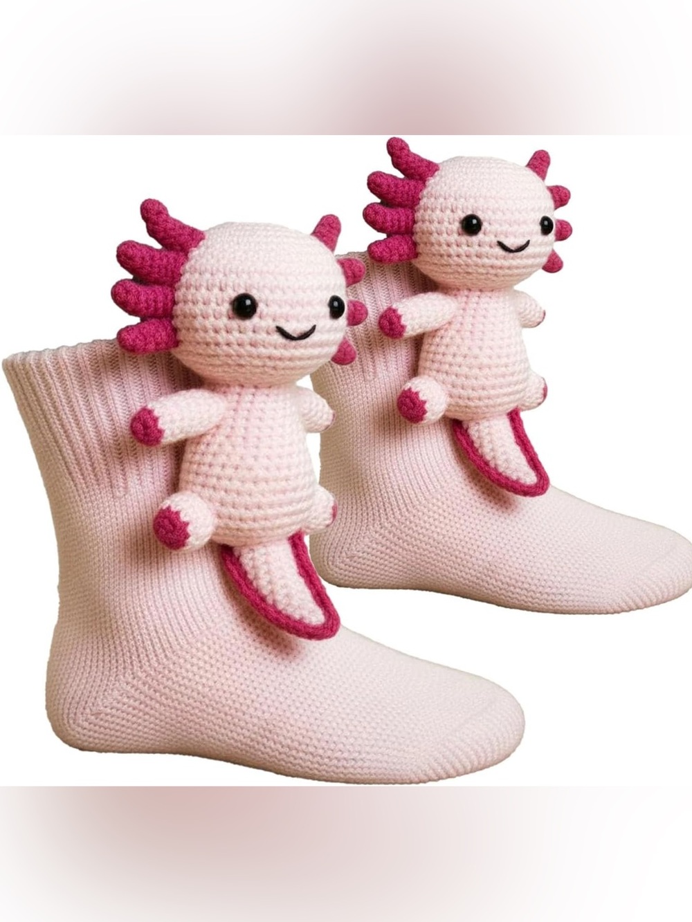 Brand New Pink Axolotl Plush Sock Buddy - Cute Crochet Kids Socks
